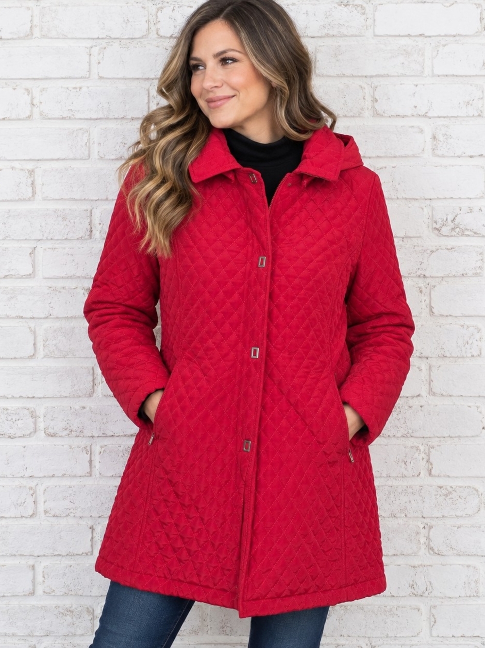 Nordic Lights Women’s Red Quilted Hooded Long Coat Jacket Size 8